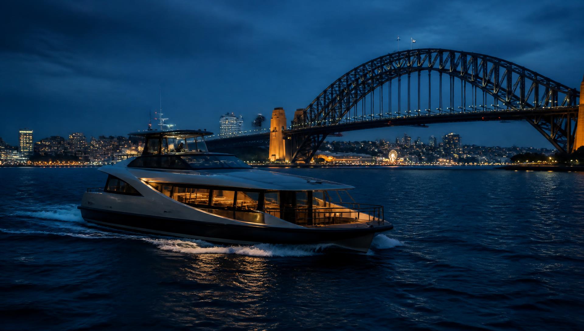 Commercial transfer vessel crossing Sydney Harbour at dusk